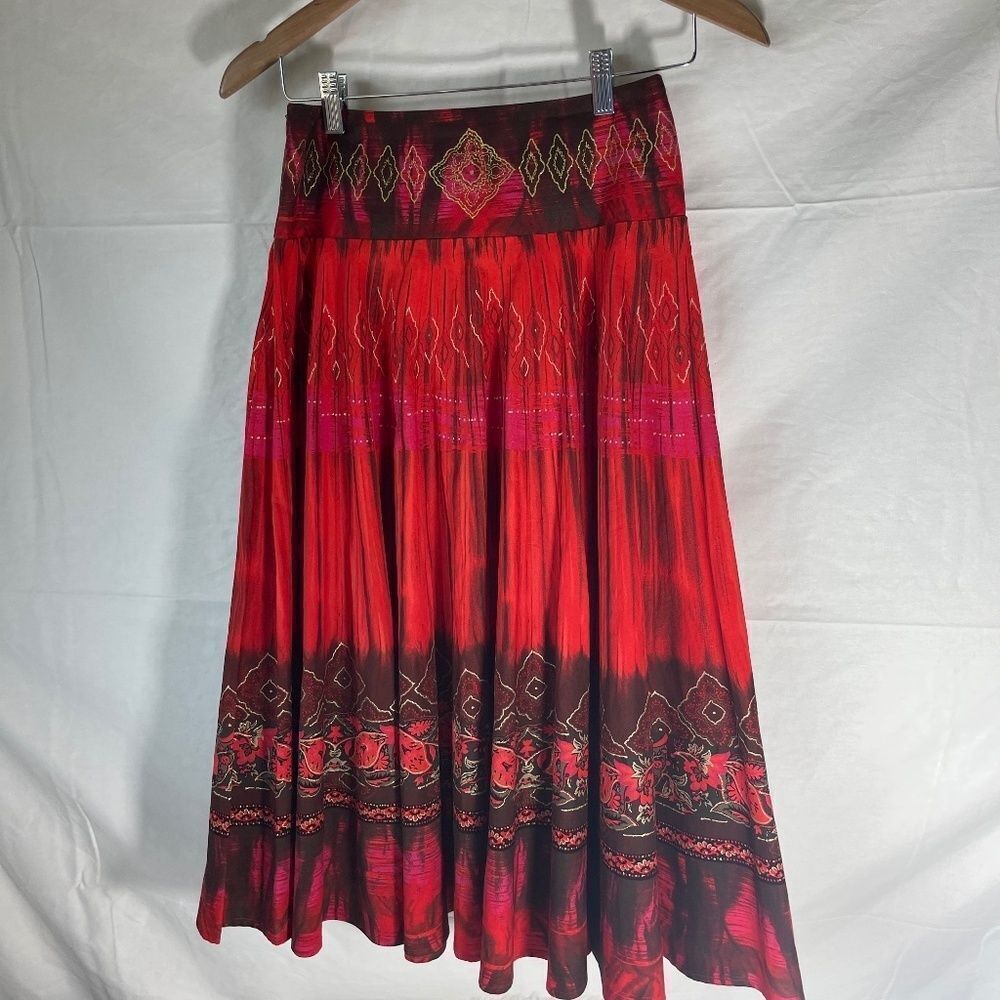 Marciano Red Border Print Wide Waist Midi Skirt Sz XS